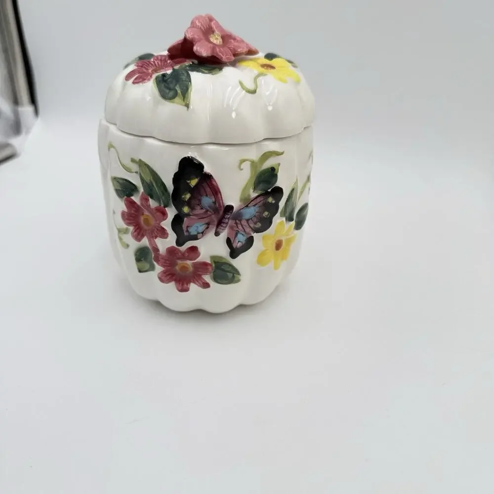 Butterfly Flower 3D White Pumpkin MCM Canister Set 1950s Cottagecore Floral VGC‎